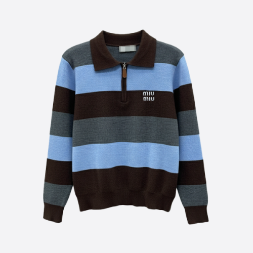 MIU MIU Striped Half-Zip Knit Top