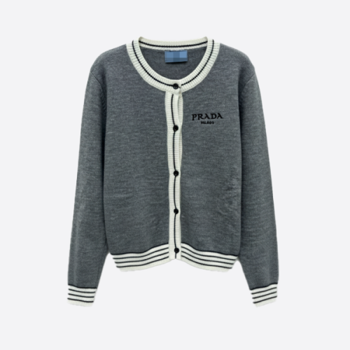 PRADA Logo Contrast Line Cardigan gray