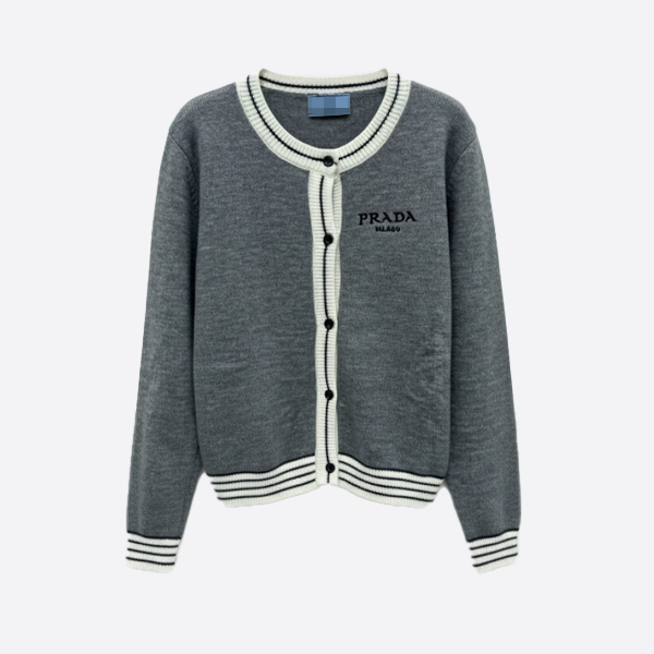 PRADA Logo Contrast Line Cardigan gray