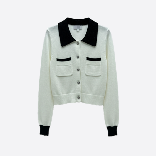 CHANEL Contrast-Trim Knit Cardigan white