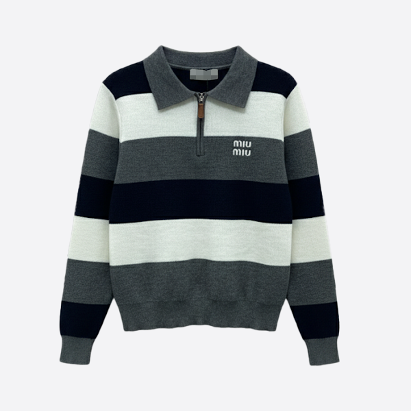 MIU MIU Striped Half-Zip Knit Top gray