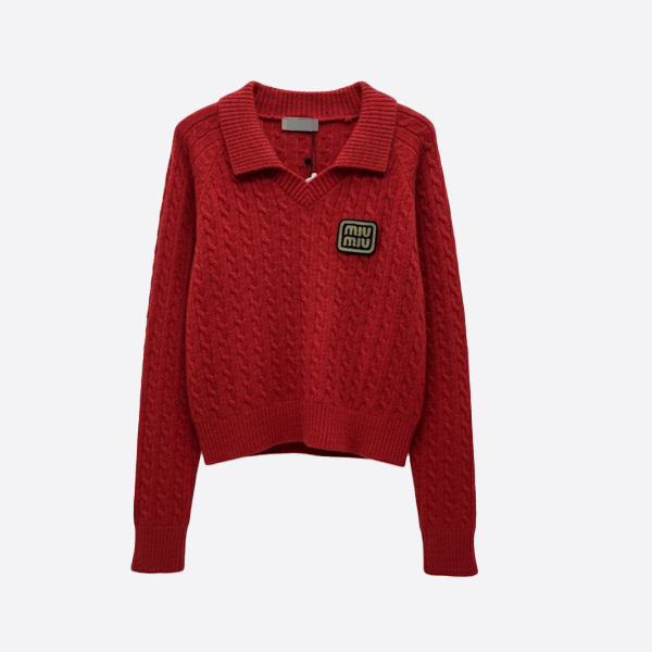 MIU MIU Logo Patch Cable Knit Sweater red