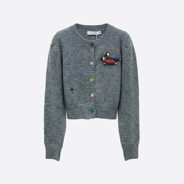 디올 도그 브로치 울 카디건 그레이