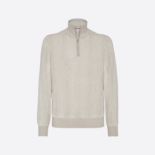 브루넬로 쿠치넬리 하프 지퍼 더블 스레드 캐시미어 헤링본 스웨터