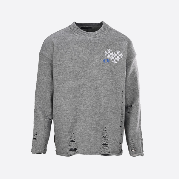 크롬하츠 자수 디스크 산스크리트 십자가 찢어진 니트 스웨터 그레이