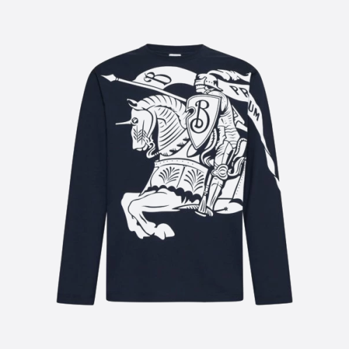 버버리 호스 프린트 긴팔 티셔츠, 네이비 블루