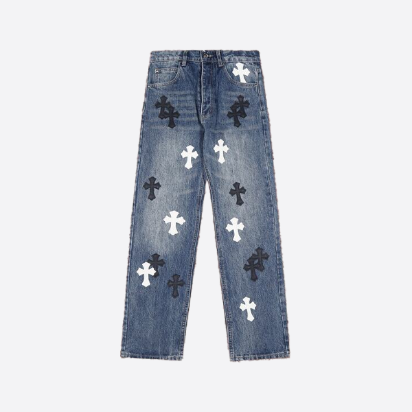 크롬 하츠 블루, 블랙, 화이트 가죽 트리밍 스트레이트 팬츠