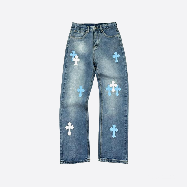 크롬 하츠 워시드 블루 가죽 청바지 - 화이트 & 블루