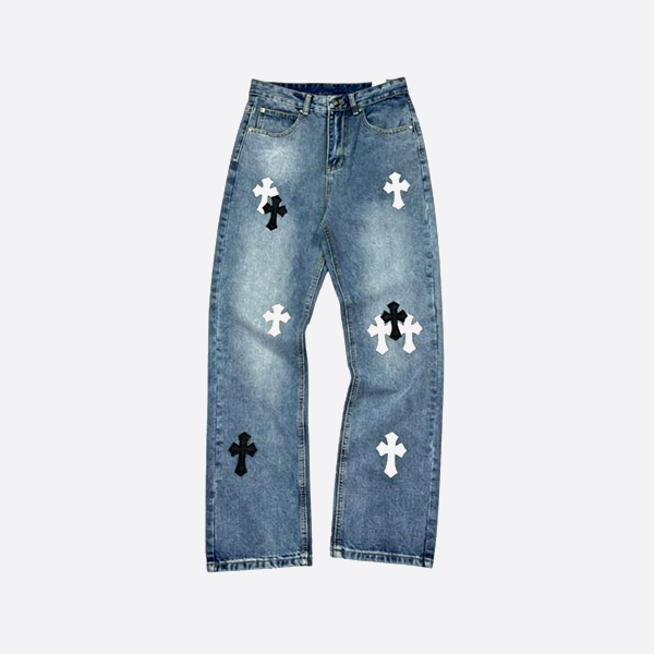 크롬 하츠 워시드 블루 가죽 청바지, 화이트 & 블랙