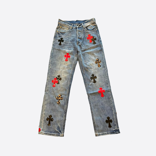 크롬하츠 미러 레드 가죽 레오파드 프린트 크로스 패치 워시드 블루 진