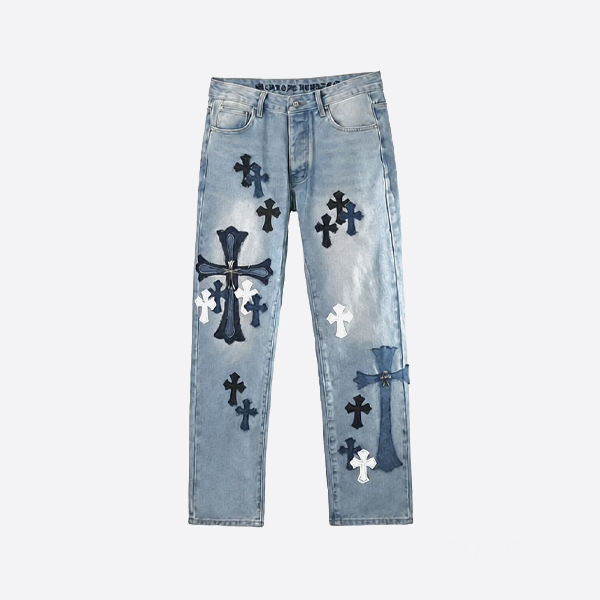 크롬 하츠 메탈릭 크로스 패널 워시드 데님 익스클루시브 진