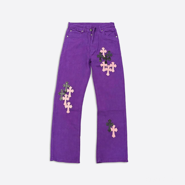 크롬 하츠 퍼플 팬츠와 한정판 가죽 패치워크 청바지