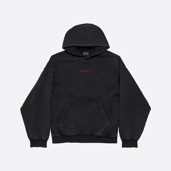 발렌시아가 후드티, 앞면과 뒷면에 빨간색 레터링 자수 장식