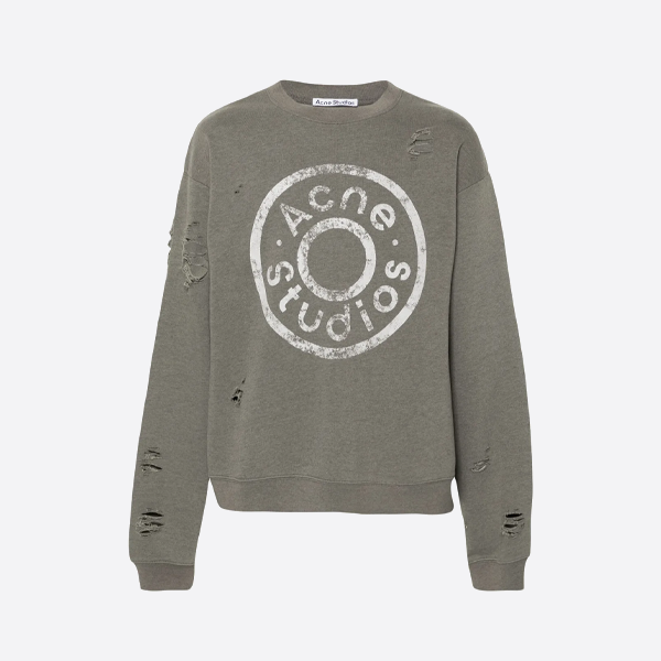 ACNE STUDIOS 빈티지 프린트 찢어진 크루넥 스웨트셔츠, 그레이