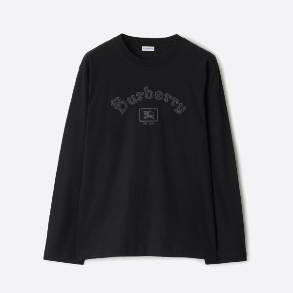 버버리 사각 프레임 말 로고 긴팔 티셔츠, 블랙