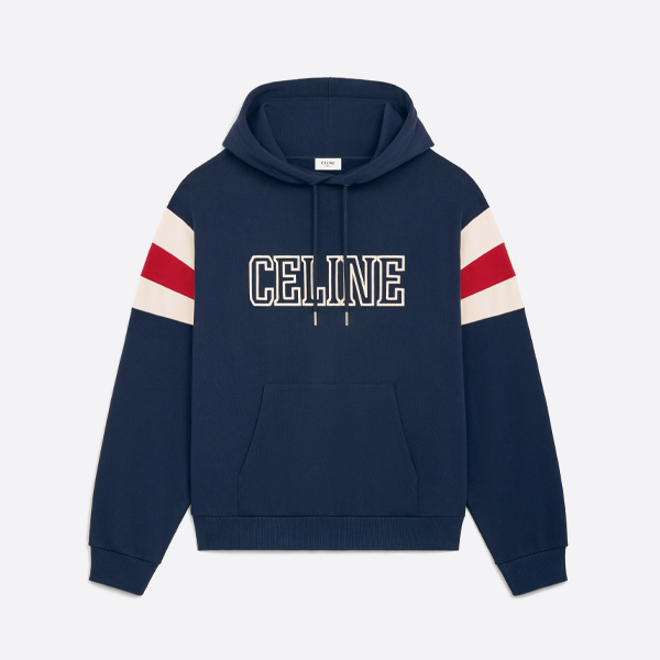 셀린느 컬러 블록 후드 스웨트셔츠, 소매와 어깨 부분에 로고 프린트