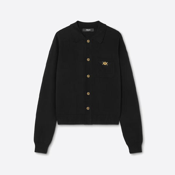 금속 로고가 있는 베르사체 라펠 니트 가디건