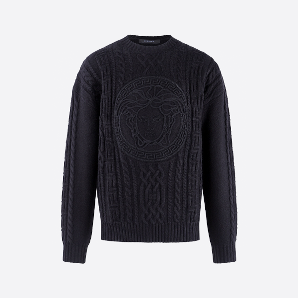 베르사체 솔리드 컬러 로고 크루넥 니트 스웨터