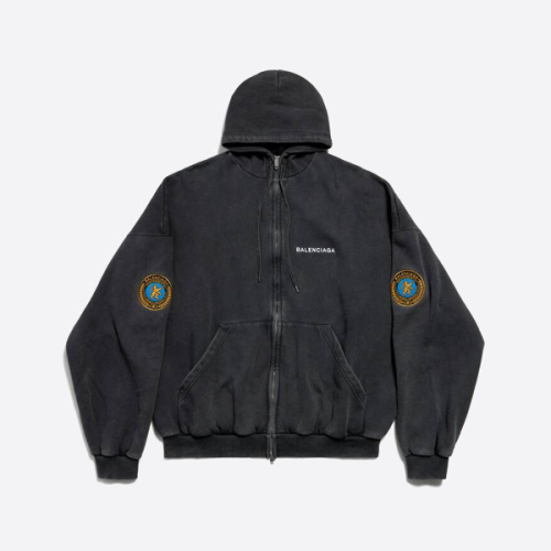 발렌시아가 배지 소매 패치 후드 집업 재킷