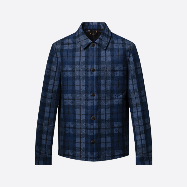 루이비통 유럽 및 미국 스타일 블루 체크 자카드 데님 셔츠 재킷
