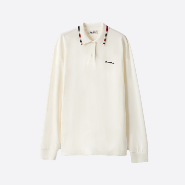 미우미우 자수 레터 레드 스트라이프 칼라 긴팔 폴로 셔츠
