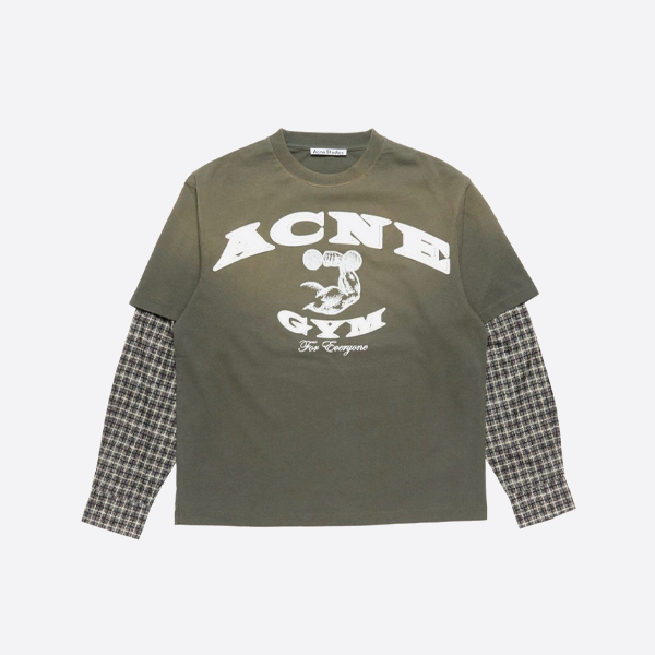 아크네 스튜디오 디스트레스드 로고 플래드 슬리브 페이크 레이어드 긴팔 티셔츠, 그린