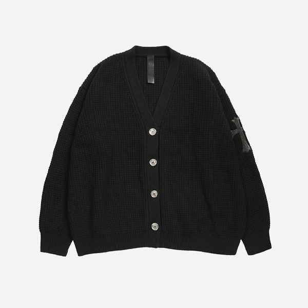 크롬하츠 슬리브 레더 크로스 와플 니트 캐시미어 가디건 (블랙)