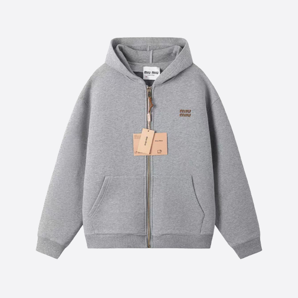 미우미우 가죽 지퍼 후드 재킷, 그레이