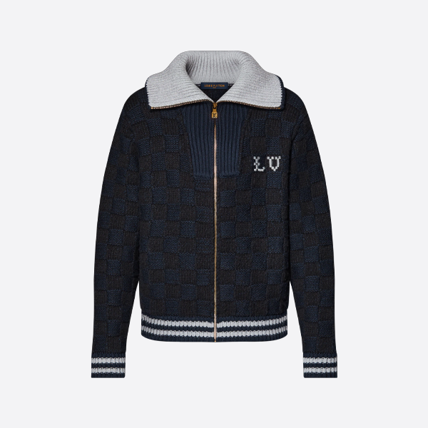 루이비통 체크 무늬 컬러 블록 골지 벨트 지퍼 니트 가디건