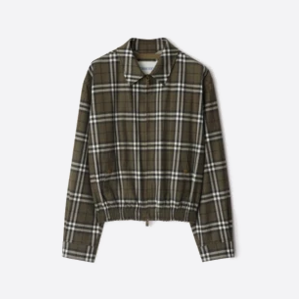 버버리 그린 체크 캐시미어 칼라 재킷