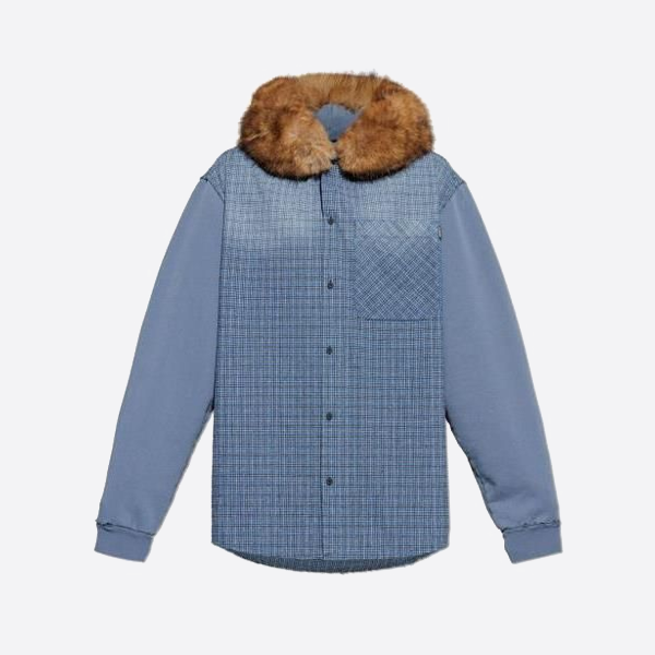 발렌시아가 체크무늬 패치워크 후드 가디건 (퍼 칼라 포함)