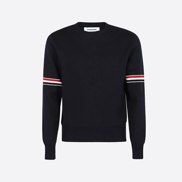 톰 브라운 두꺼운 더블 슬리브 크루넥 스웨터, 블랙
