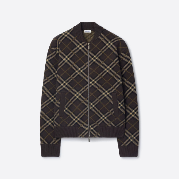 버버리 트윌 체크 울 혼방 니트 지퍼업 재킷