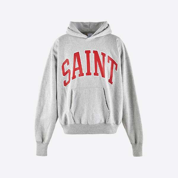 성 미카엘 붉은 글자 프린트 후드티, 회색