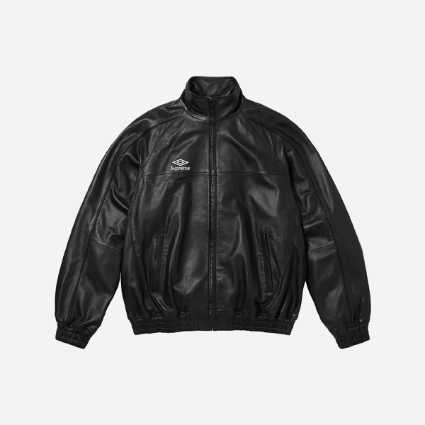 슈프림과 엄브로의 협업 자수 로고 지퍼 가죽 재킷, 블랙