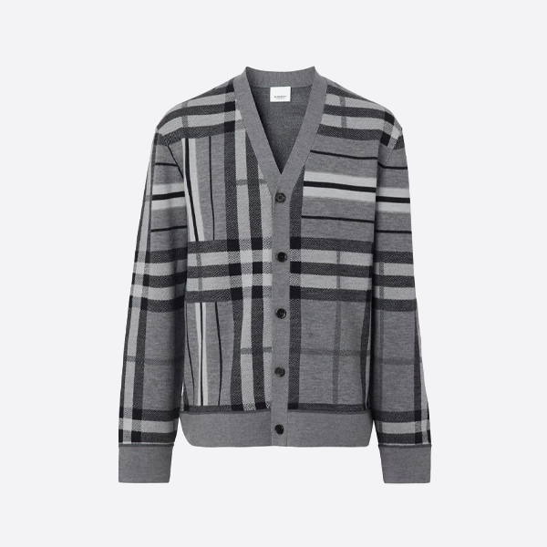 버버리 두꺼운 체크무늬 스트라이프 니트 가디건 스웨터
