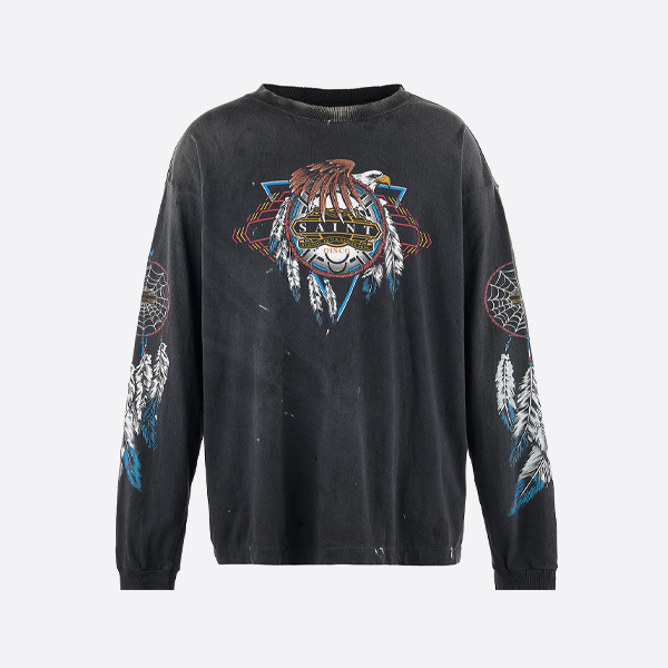 성 미카엘 독수리 깃털 프린트 긴팔 티셔츠