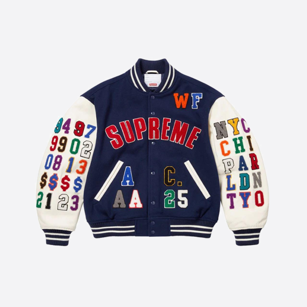 슈프림 셰닐 아플리케 패턴 캡틴 슬리브 베이스볼 재킷