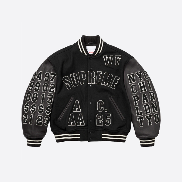 슈프림 셰닐 아플리케 고등학교 주장 소매 야구 재킷, 블랙