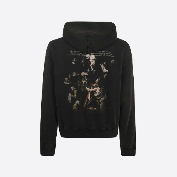 뒷면에 성모 마리아 프린트가 있는 오프화이트 색상의 후드티