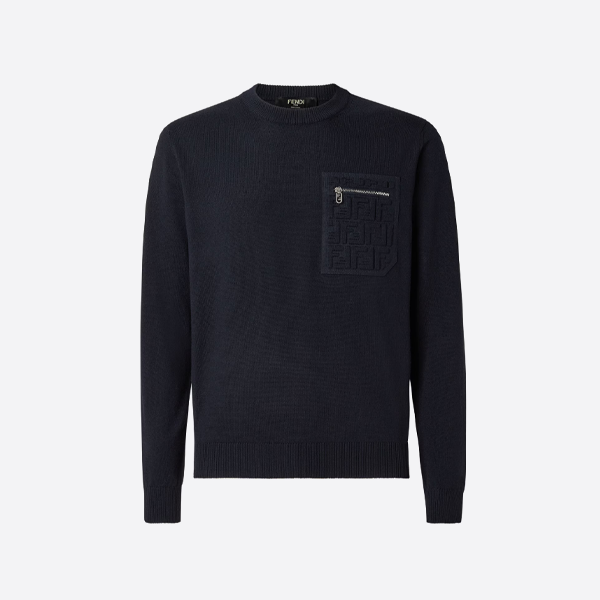엠보싱 포켓이 있는 펜디 네이비 블루 크루넥 스웨터