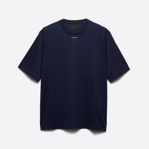 프라다의 새로운 네이비 블루 색상 반팔 셔츠, 삼각형 로고