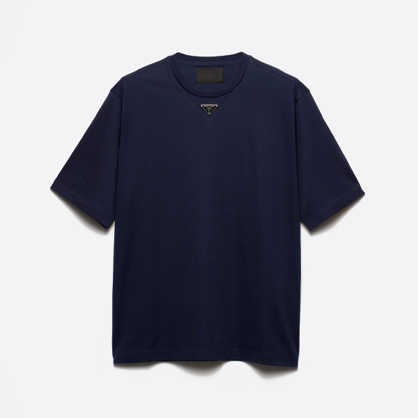 프라다의 새로운 네이비 블루 색상 반팔 셔츠, 삼각형 로고