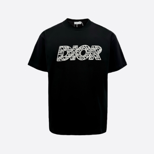 디올 시그니처 자수 레터링 반팔 셔츠, 블랙